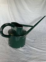 Full view of green metal watering can showing long spout and handle