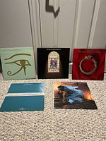 Five Alan Parsons Project vinyl LPs with sleeves: Eye in the Sky, The Turn of a Friendly Card, Vulture Culture, Ammonia Avenue, Pyramid