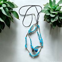 Full view of the necklace on a white background showing blue beads, gold-tone accents, and black leather cord, flanked by succulent plants.