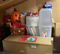 Overview of holiday decorations including plastic pumpkin, red poinsettias, gift bags, and multiple storage bins; a boxed Christmas tree lies in front.