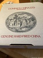 Original box with Dominion China Ltd branding, indicating genuine hard-fired china made in Ontario, Canada.