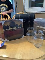 Photo shows brown leather and wood storage box, two clear glass vases, a packaged brown sofa cover, and one of three framed pictures with a tree landscape scene.