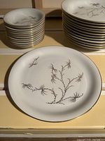 Stacks of small dessert plates and large dinner plates showing black floral design on white porcelain.