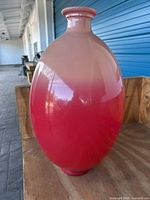 Front angled view of the large vintage vase showing the red to pale pink gradient color and glossy finish.