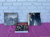 Wide view showing Lynyrd Skynyrd album on left, book in middle and Rolling Stones Sticky Fingers album on right on purple cloth