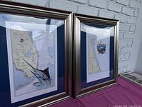 Two metallic silver/gold framed matted prints side by side showing blue marlin and redfish artworks over nautical charts