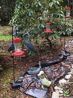 Wide view of yard decor including hummingbird feeders hanging from shepherd hooks, ducks on ground, and metal cranes