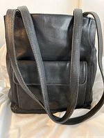 Front view of black leather shoulder bag with two straps, displayed against light background.