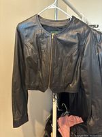 Front view of the black cropped leather jacket showing zippered front and fitted seams.
