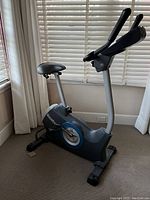 Photo of Reebok Trainer RX 2.0 exercise bicycle showing side view with adjustable seat and handlebars, placed indoor near a window.
