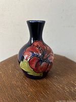 Front view showing red hibiscus flower on dark blue ground