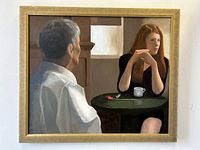Full view of the oil painting showing a man and woman seated at a table with a coffee cup and rose, in muted interior setting.