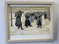 Front view of the framed oil painting showing five ladies walking in a winter landscape with snow.
