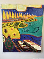 Front view of the vibrant abstract marina oil painting showcasing the full canvas and colors.