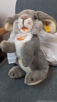 Side view of the vintage Steiff Mummy Hase rabbit plush showing grey and white soft fur, orange tongue detail, and yellow brand ear tag with red chest button.