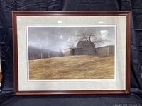 Full view of the framed Bucks County farm scene print with a barn, tree, and grassy field.