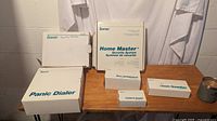 Multiple white boxes with teal lettering from Quorum brand, showing different modules of the Home Master security system including Panic Dialer and Securaspace alarm.