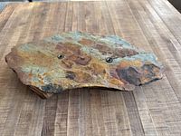 Top view of a flat, irregularly shaped piece of natural stone with natural rusty orange, brown, and green colors and two embedded metal fittings.