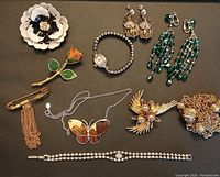 Overview of all jewelry pieces laid out on black background including brooches, earrings, chain necklace, watch, bracelet, and butterfly pendant.