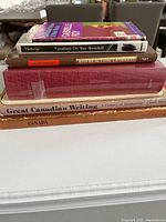 Stack of six Canadian writing-related books showing titles and varied thicknesses and colors.