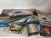Closed Bachmann Acela Express box next to two VHS tape boxes and two railroad books on white backdrop