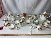 Overview of Royal Albert Old Country Roses set on table showing all pieces