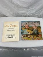 Two art books placed side by side on a white surface, covers visible: The New Yorker Album of Drawings and Bosch Art Collection.