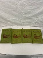 Front covers of 4 The Windsor Magazine hardcover books, green with brown text and illustration, arranged side by side