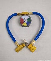 Blue hose with brass fittings and attached pressure gauge showing colored pressure zones.
