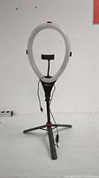 Full standing view of Mobifoto LED ring light on tripod stand with phone holder and power cable.
