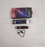 Open retail box with Dark Beam UV LED flashlight, USB charging cable, and packaging insert displayed on a white surface.