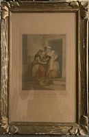 Framed antique etching showing two women, one holding a basket, set inside an ornate wooden frame.