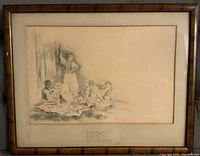 Front view of framed sepia drawing depicting a woman standing and a group of people seated beside her in vintage attire.