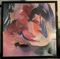 Framed abstract mixed media artwork by Elba Aldarez, showing fluid shapes and color gradients in pink, red, purple, black, and blue hues.