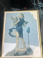 Frontal view of the framed pin up girl art print showing the woman at a bus stop with lifted skirt.