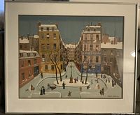 Framed lithograph artwork by Michel Delacroix depicting a Parisian winter street scene with people and buildings.