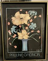 Full front view of a framed signed exhibition poster of a floral painting by Pauline Gagnon.