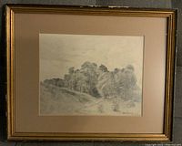Front view of framed pencil drawing showing clustered trees, signed by Rudnay Gyula, with gold frame and beige mat