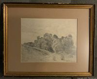 Framed pencil drawing of a tree landscape signed by artist in lower right corner.