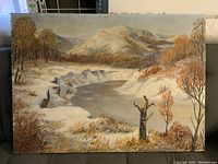 Front view of the oil painting showing the full landscape scene of snow, trees, river and hills