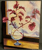 Oil painting showing red leaves in a glass vase on a wooden surface with a muted background.