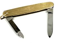 Vintage pocket tool with gold overlay, showing two blades opened (one knife blade and one smaller blade with file)