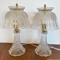 Pair of matching frosted glass table lamps with floral embossed pattern and brass details on wooden surface.
