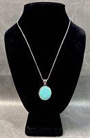 Full front view of the necklace showing turquoise side of pendant on a black display stand.