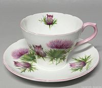 Front view of Shelley thistle teacup sitting in matching saucer showing floral pattern, pink handle, and pink rim