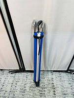 Front view of blue and white golf stand-up bag containing four golf clubs with metal heads, grips appear unused.