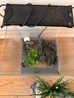 Top view of the aquarium with some artificial plants and rock decoration inside, showing the interior arrangement and light fixture on top.