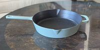 Side angle view of a light blue enameled cast iron skillet showing both handles and one pouring spout.