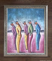 Full view of the framed painting showing five stylized human figures with textured background.