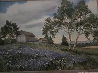 Close-up of the watercolor painting showing barn, trees, and field of flowers in natural colors.